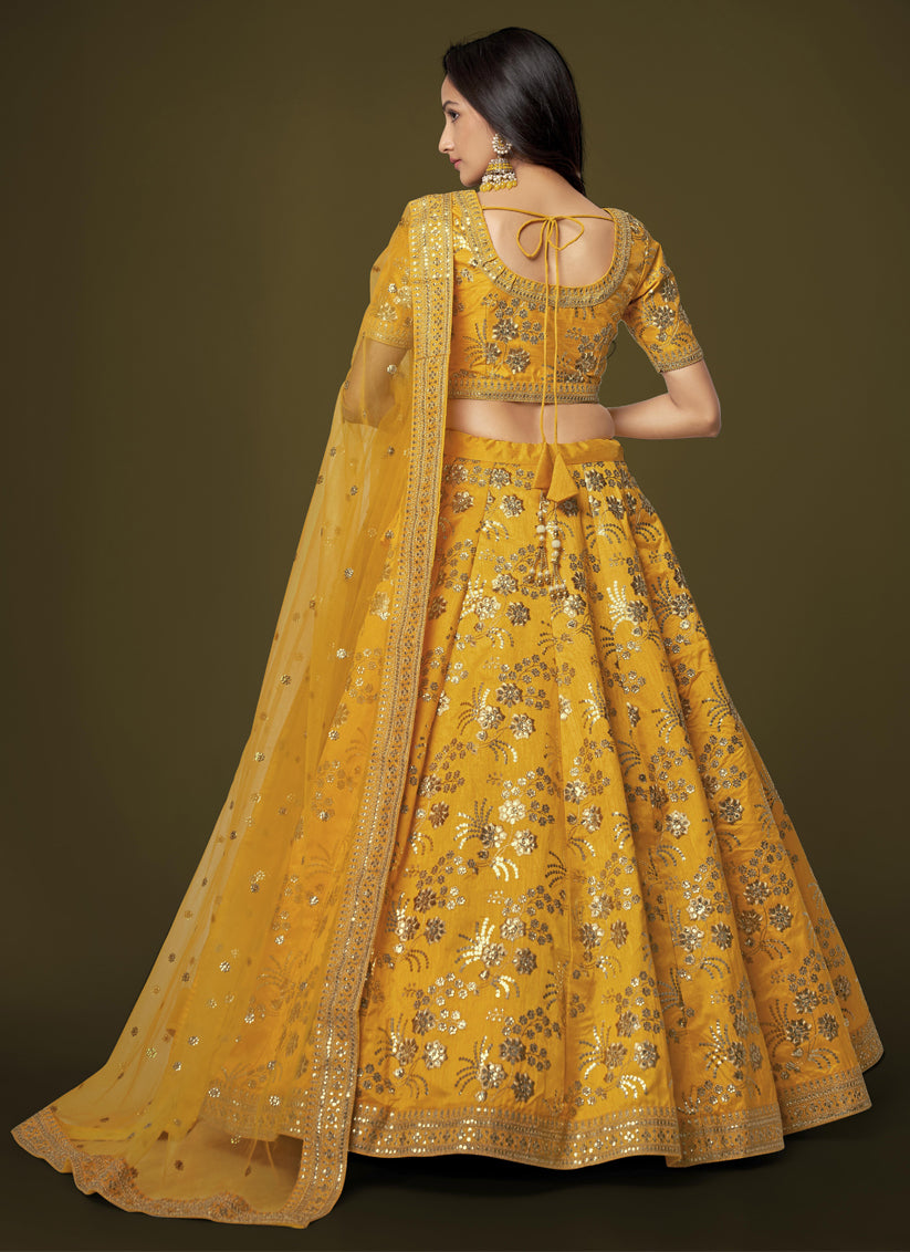 Golden Yellow Slub Silk Embroidered Lehenga Choli