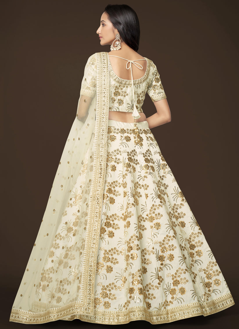 White Slub Silk Embroidered Lehenga Choli