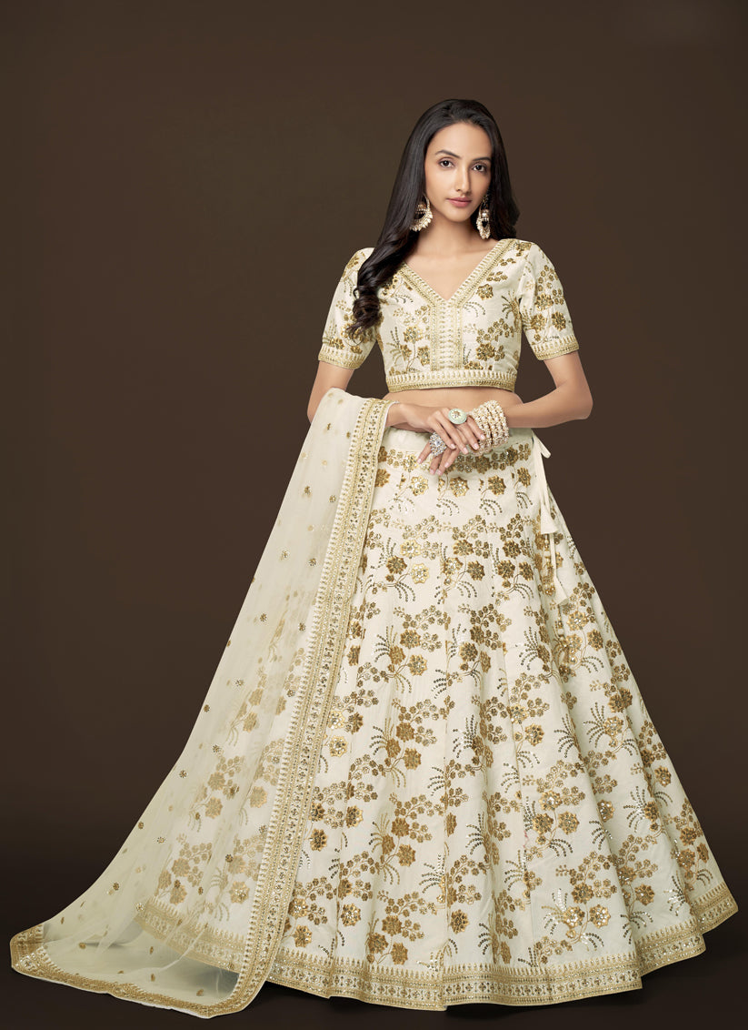 White Slub Silk Embroidered Lehenga Choli