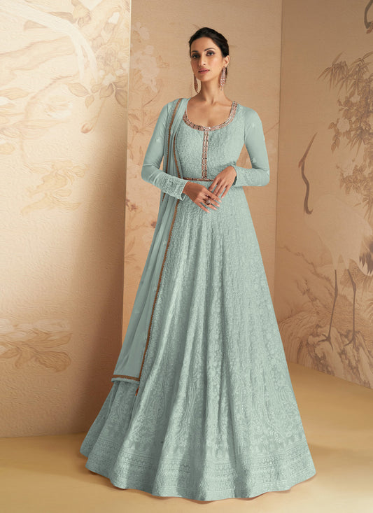 Mint Grey Faux Georgette Embroidered Anarkali Suit
