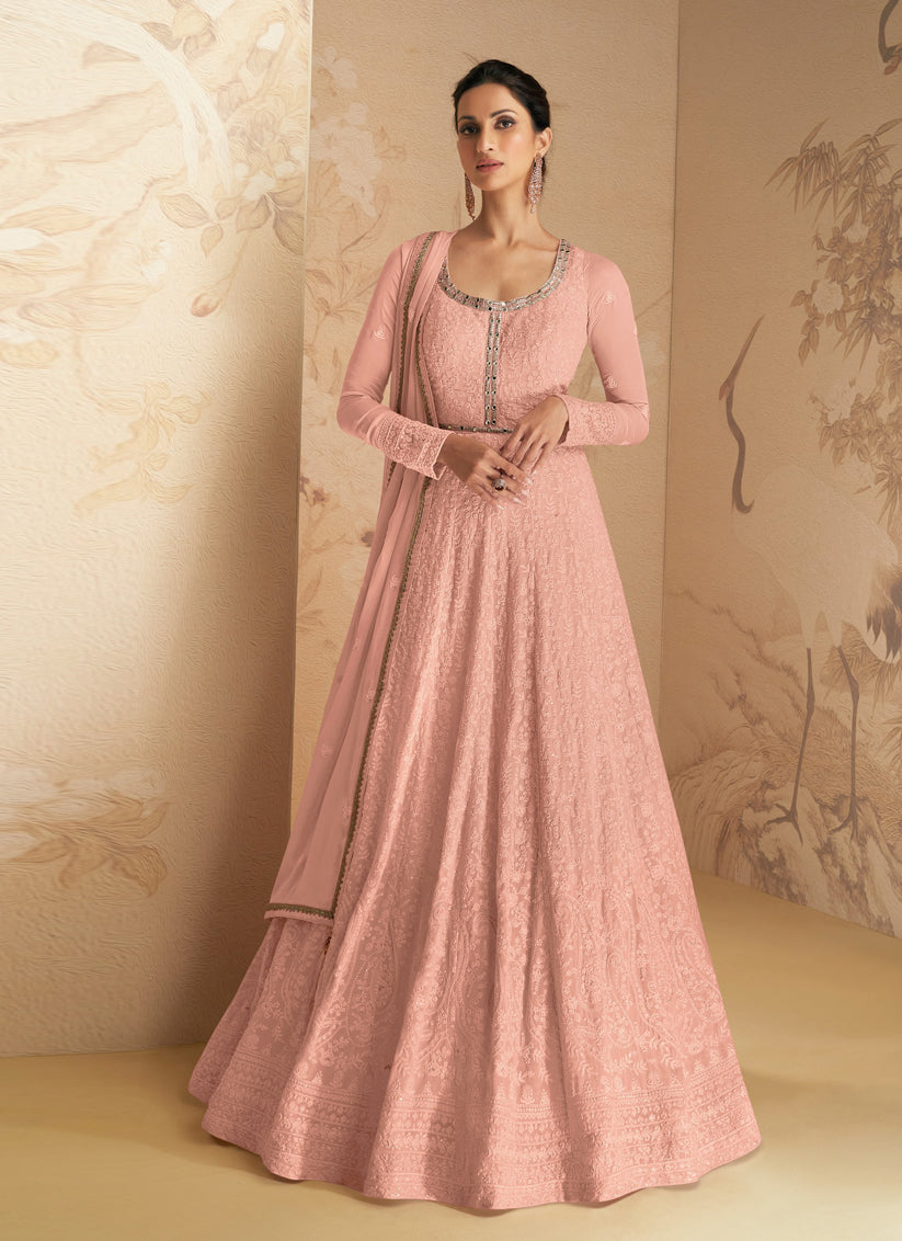 Coral Pink Faux Georgette Embroidered Anarkali Suit