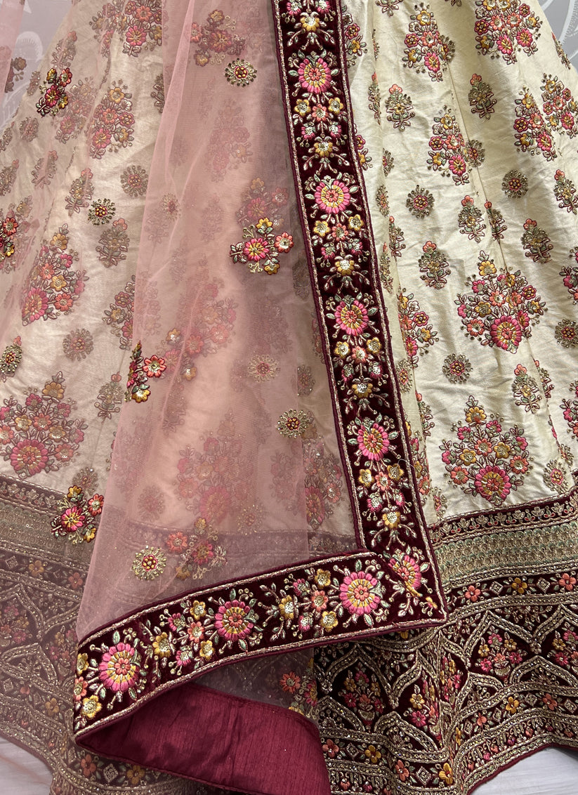 Cream Silk Embroidered Bridal Lehenga Choli