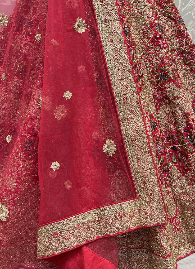 Raspberry Pink Silk Embroidered Bridal Lehenga Choli