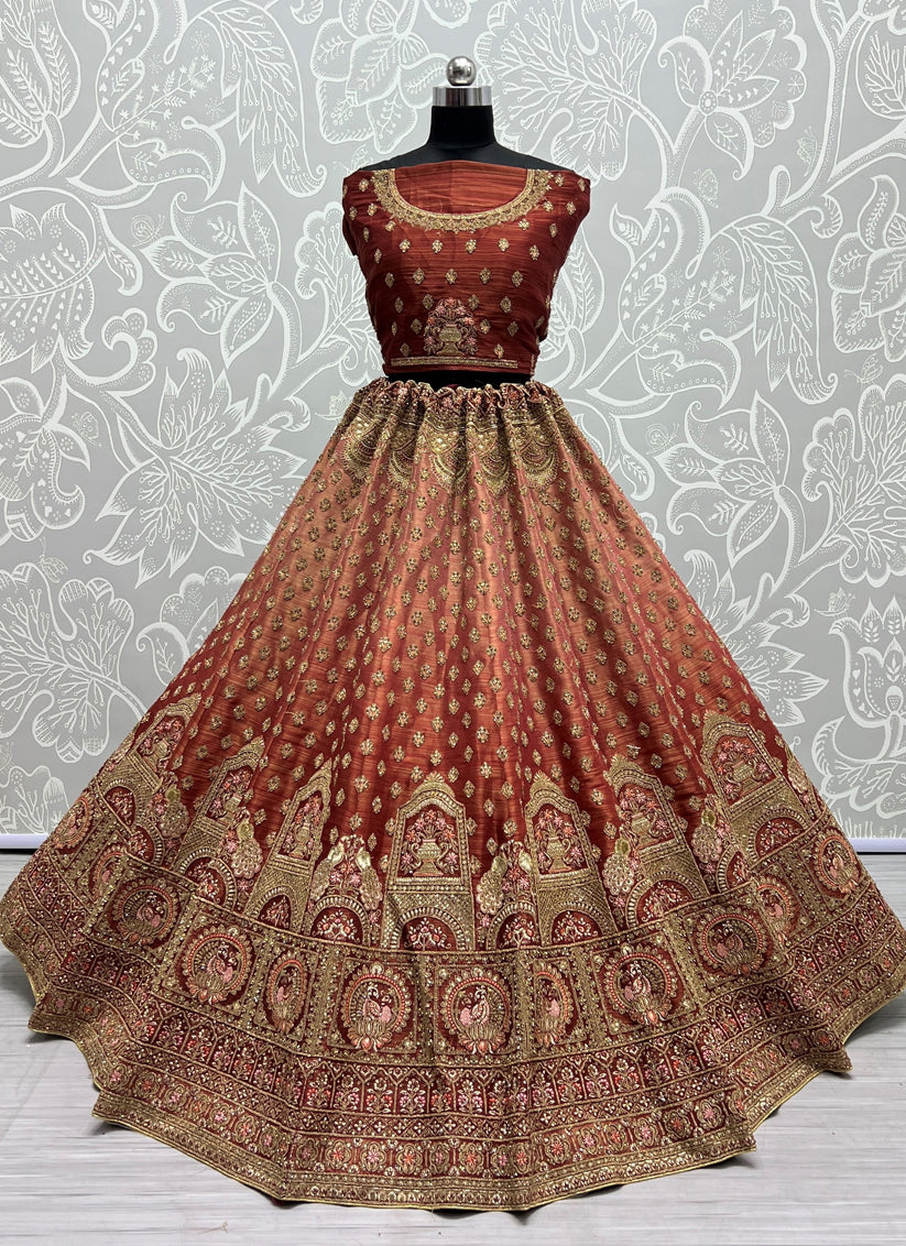 Copper Brown Net Embroidered Bridal Lehenga Choli