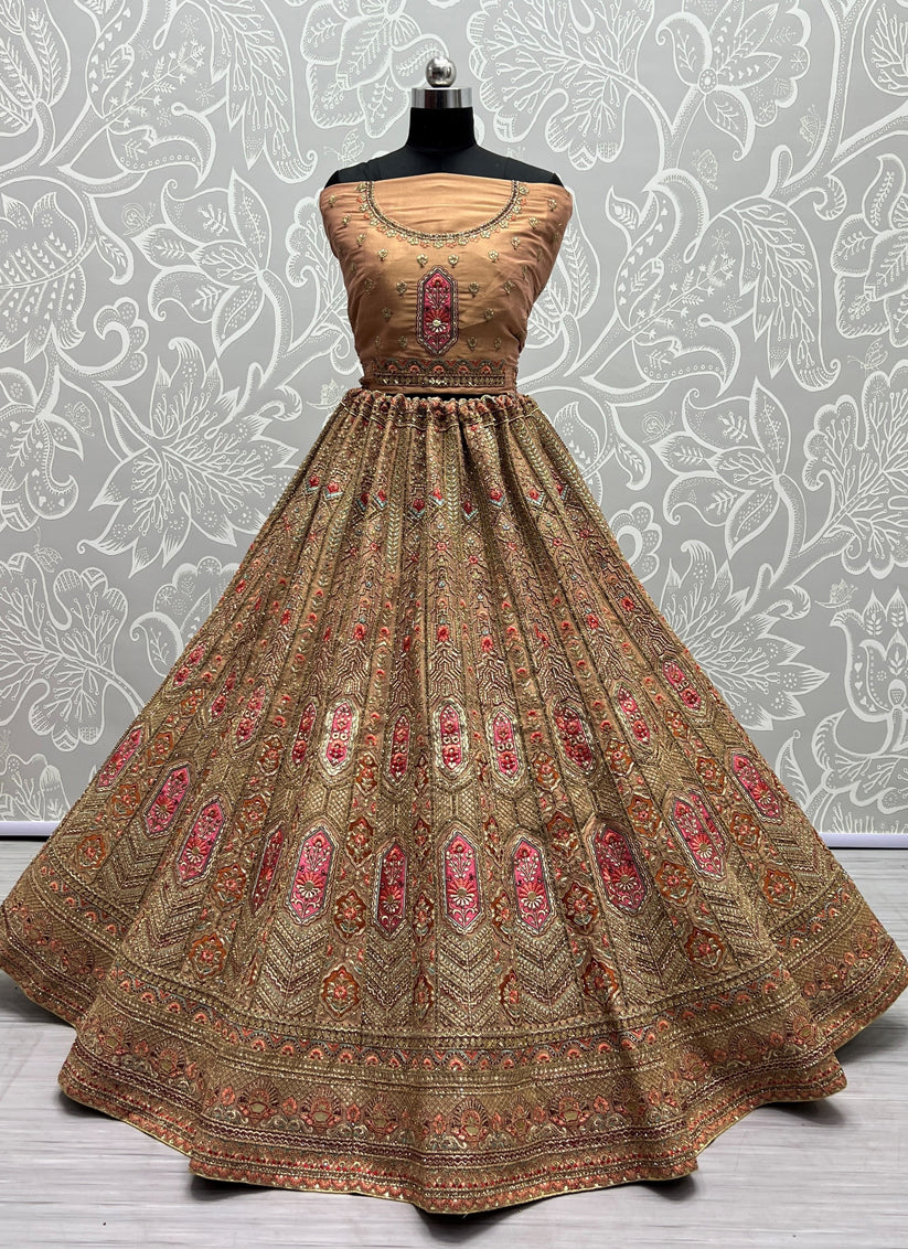 Apricot Net Embroidered Bridal Lehenga Choli