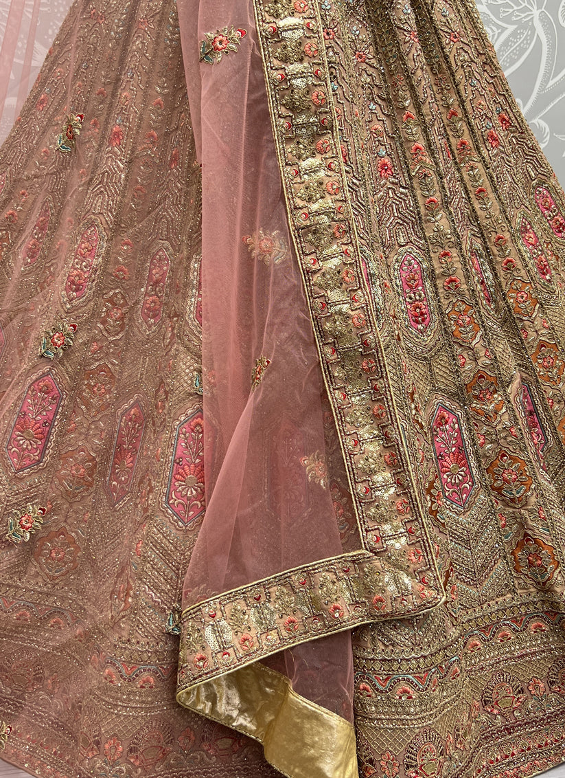 Apricot Net Embroidered Bridal Lehenga Choli