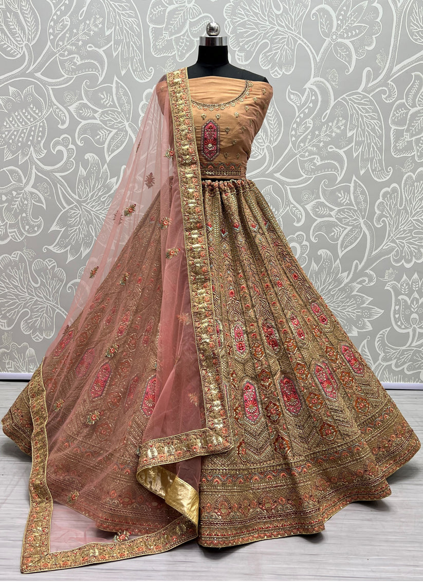 Apricot Net Embroidered Bridal Lehenga Choli