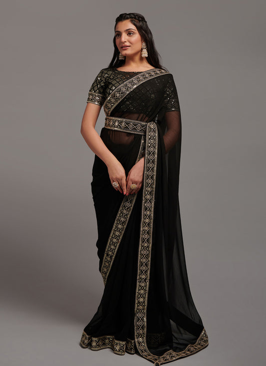 Black Chinnon Embroidered Party Wear Saree