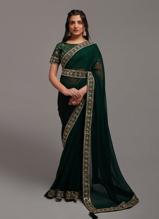 Bottle Green Chinnon Embroidered Party Wear Saree