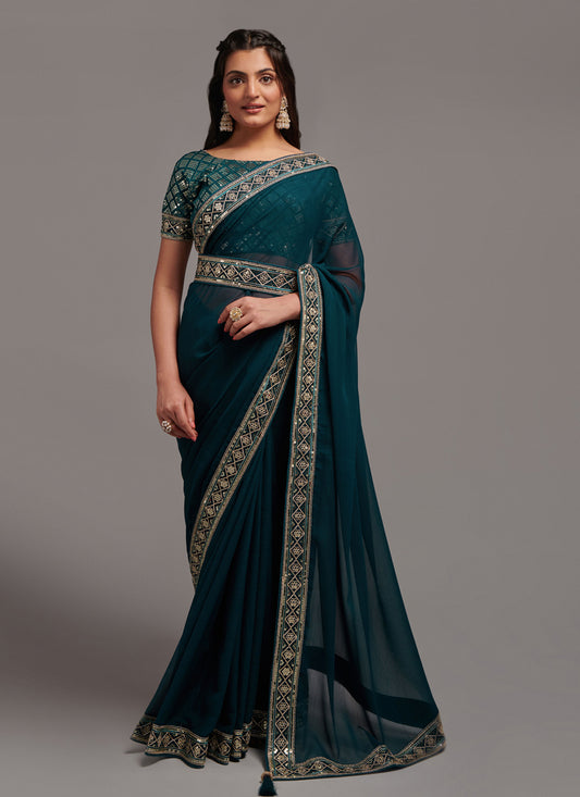 Teal Blue Chinnon Embroidered Party Wear Saree