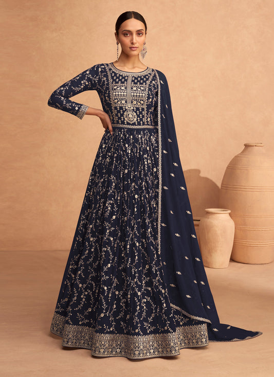 Midnight Blue Faux Georgette Embroidered Anarkali Suit
