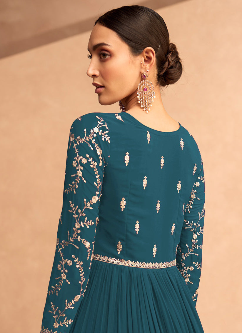 Peacock Blue Faux Georgette Embroidered Anarkali Suit