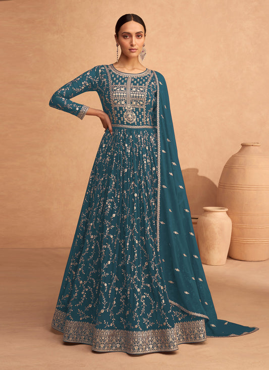 Peacock Blue Faux Georgette Embroidered Anarkali Suit