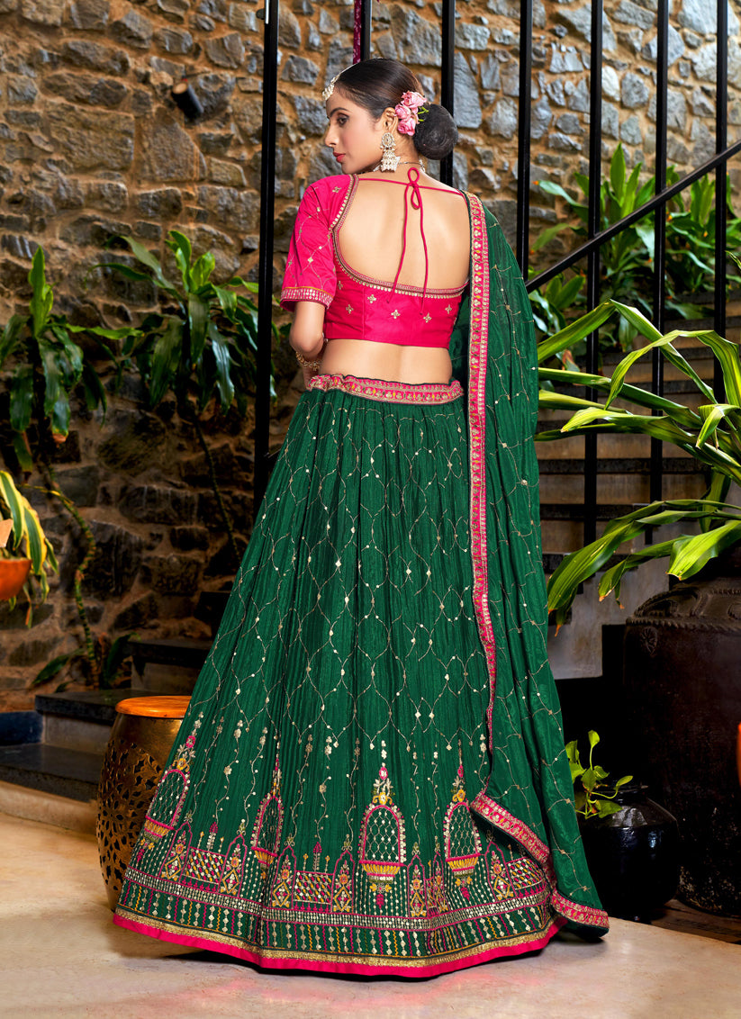 Pine Green Chinnon Embroidered Lehenga Choli