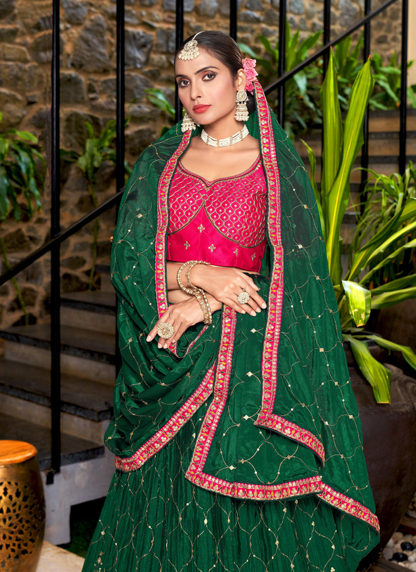 Pine Green Chinnon Embroidered Lehenga Choli