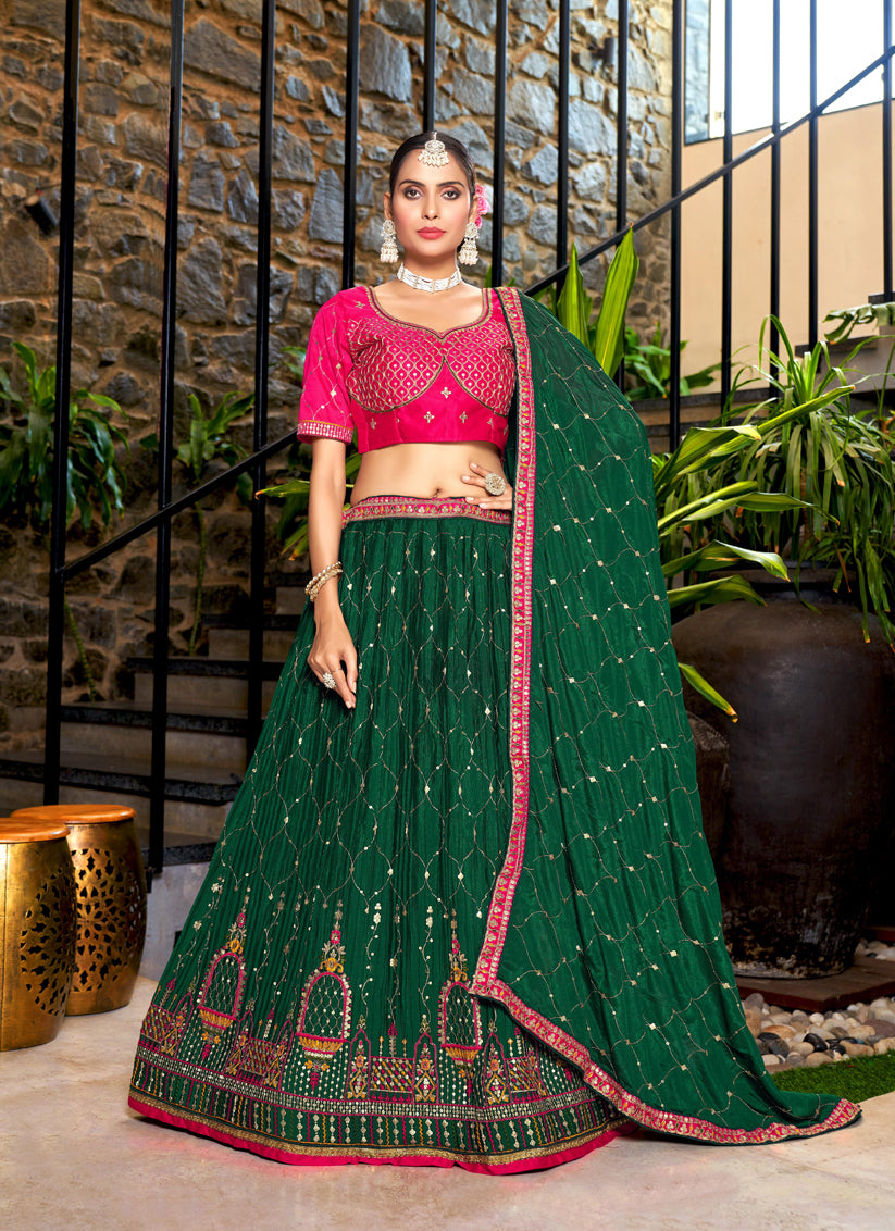 Pine Green Chinnon Embroidered Lehenga Choli