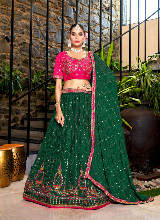 Pine Green Chinnon Embroidered Lehenga Choli