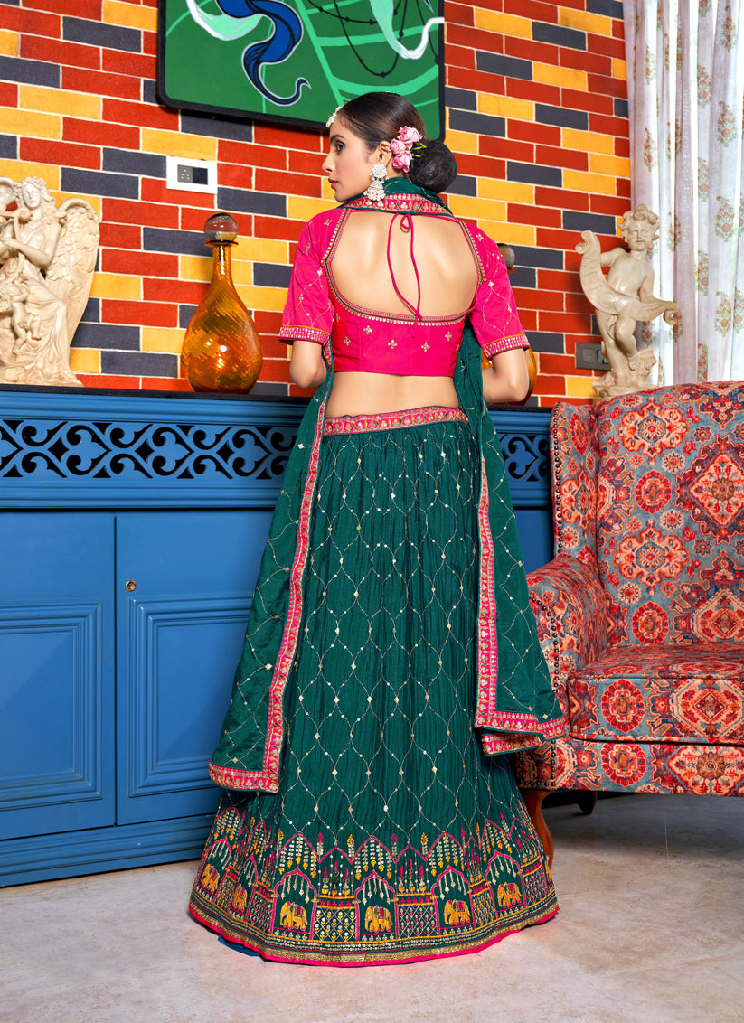 Peacock Green Chinnon Embroidered Lehenga Choli