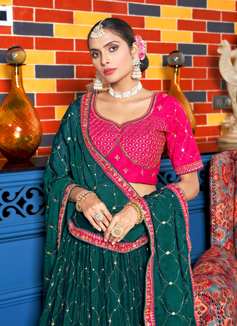 Peacock Green Chinnon Embroidered Lehenga Choli