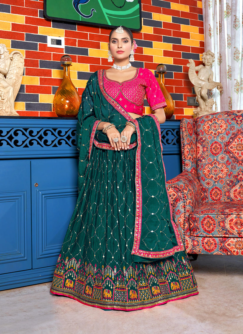 Peacock Green Chinnon Embroidered Lehenga Choli