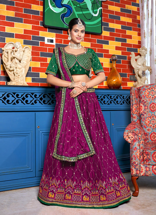 Magenta Chinnon Embroidered Lehenga Choli