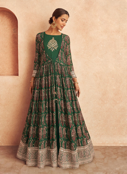 Green Chinon Embroidered Anarkali Suit