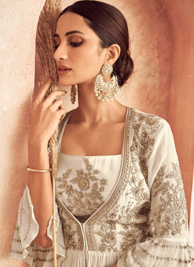 Off White Georgette Embroidered Anarkali Suit