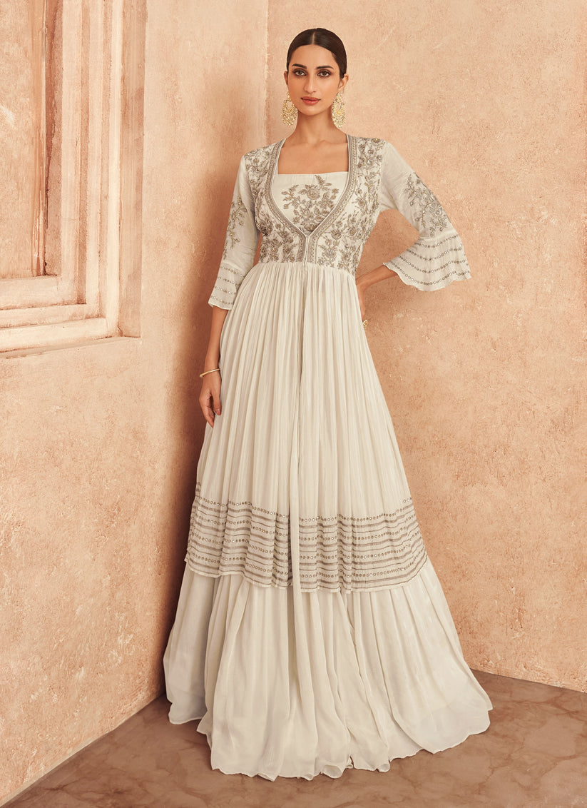 Off White Georgette Embroidered Anarkali Suit