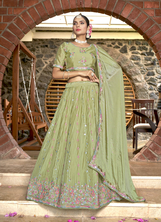 Pistachio Green Chinnon Embroidered Lehenga Choli