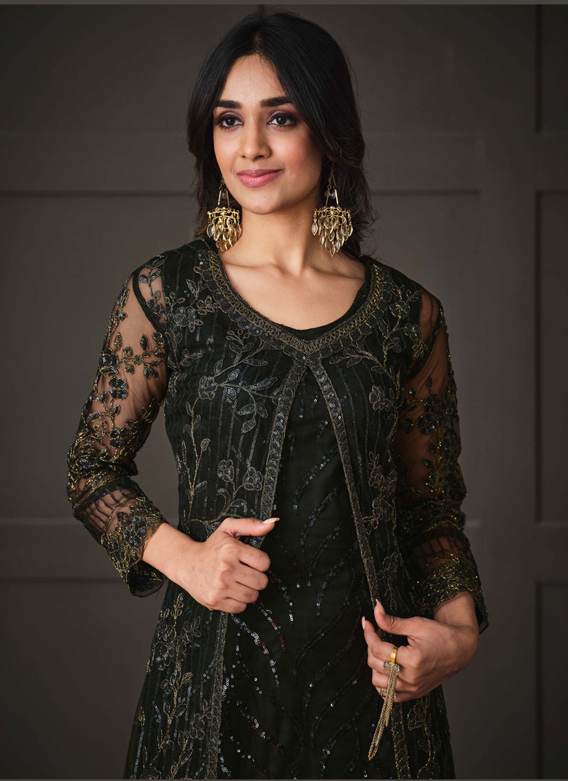 Black Net Embroidered Pant Kameez with Jacket