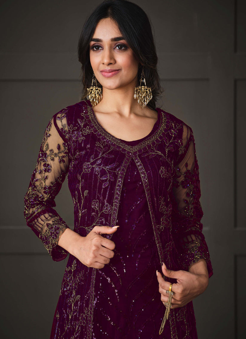 Wine Net Embroidered Pant Kameez with Jacket