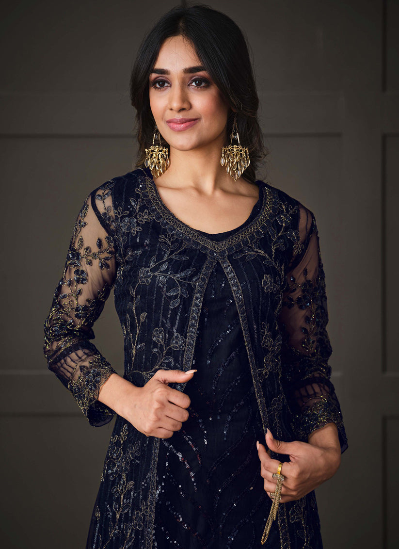 Navy Blue Net Embroidered Pant Kameez with Jacket