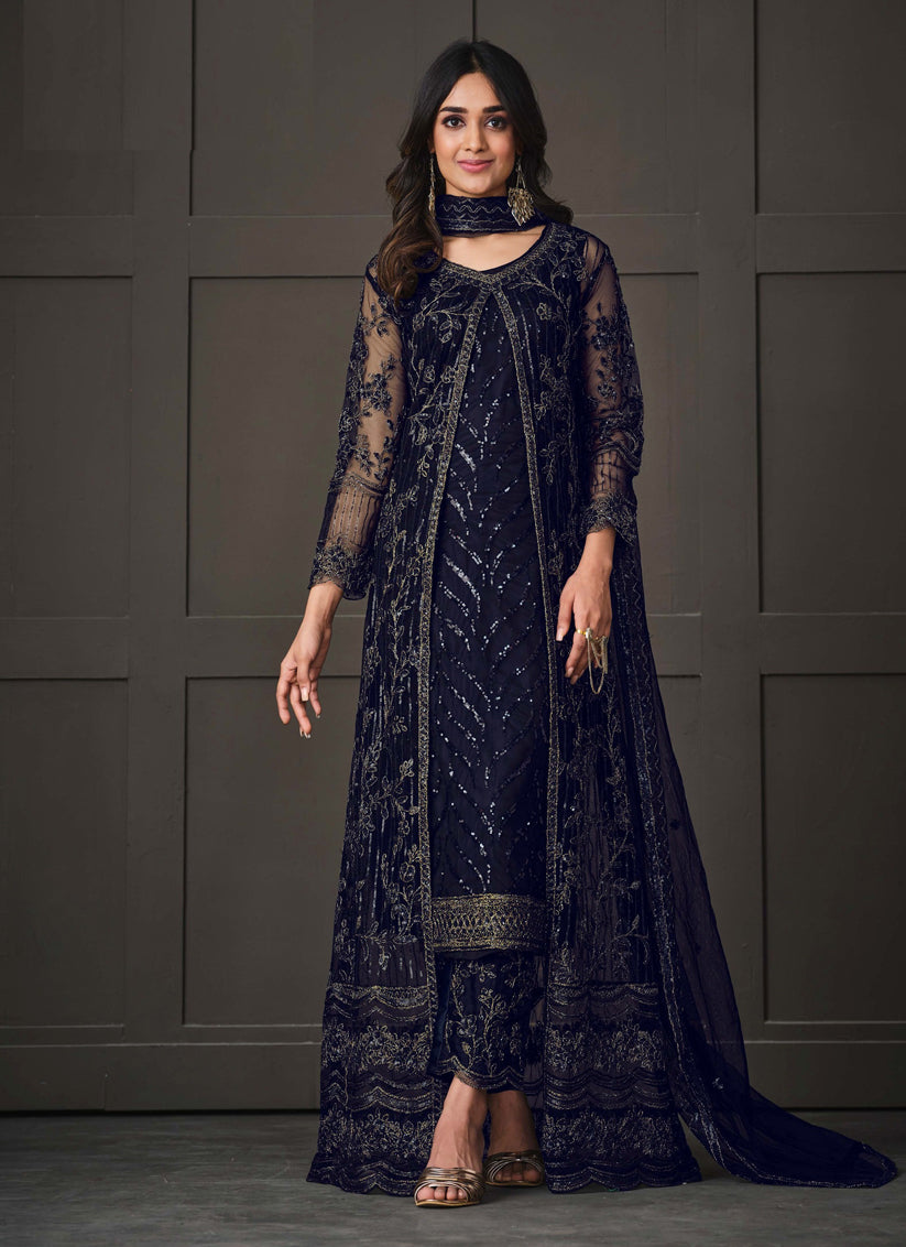 Navy Blue Net Embroidered Pant Kameez with Jacket