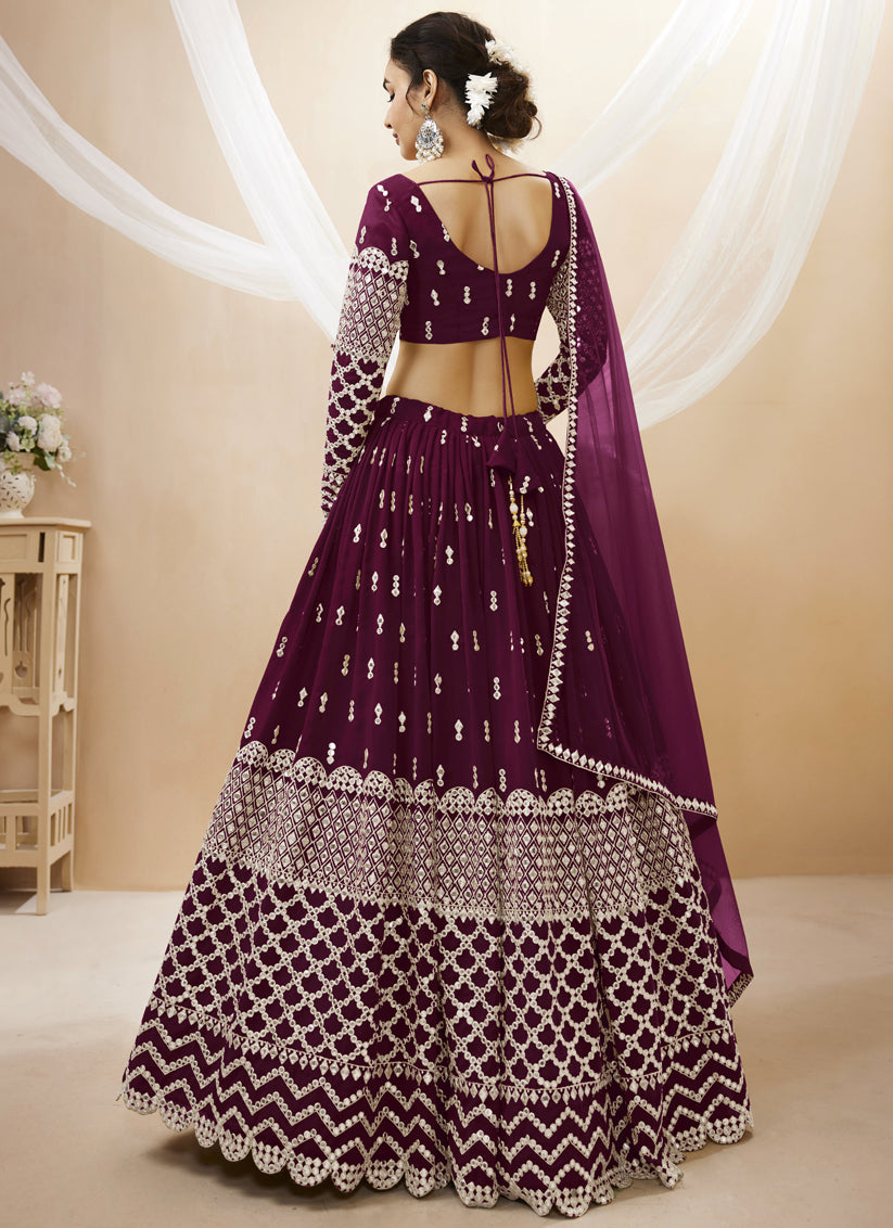 Wine Georgette Embroidered Lehenga Choli