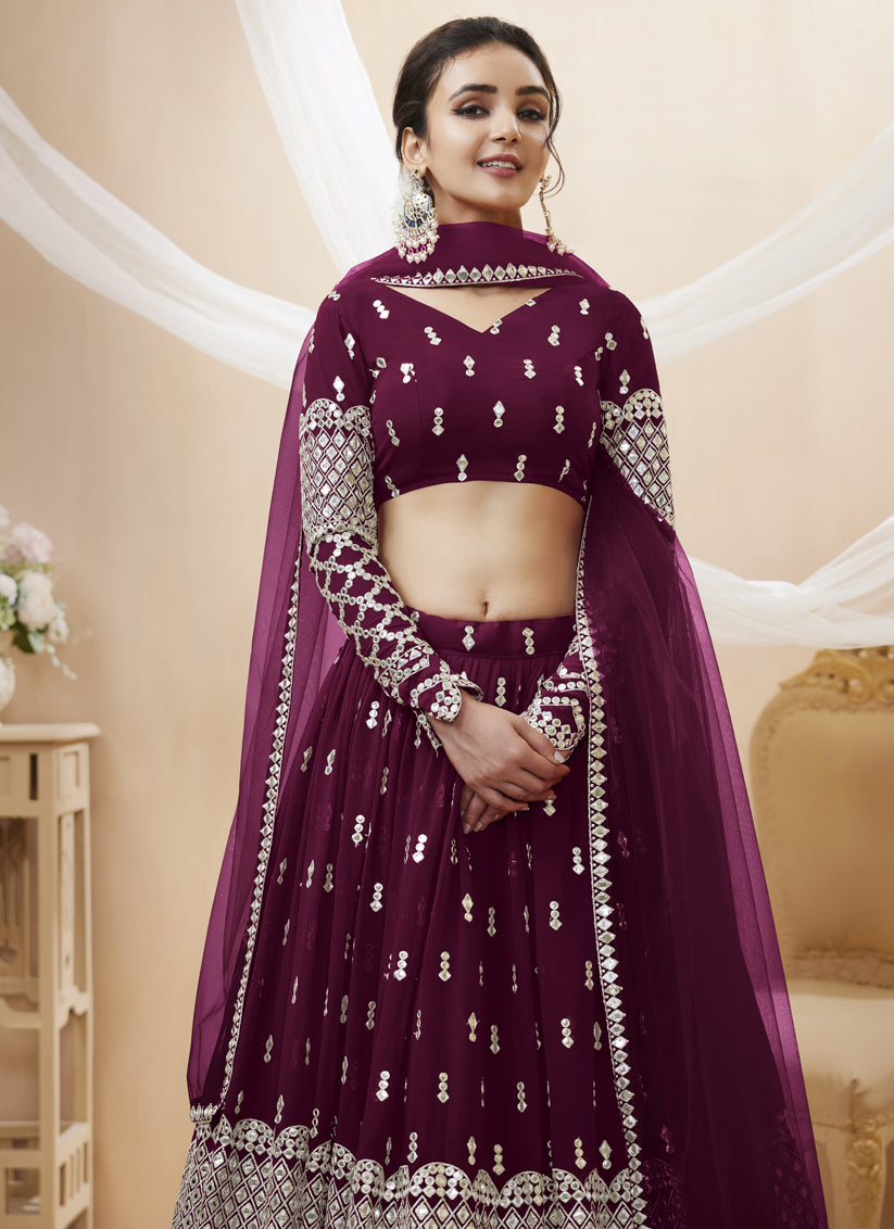 Wine Georgette Embroidered Lehenga Choli