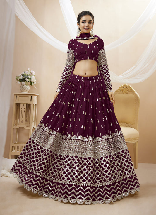 Wine Georgette Embroidered Lehenga Choli