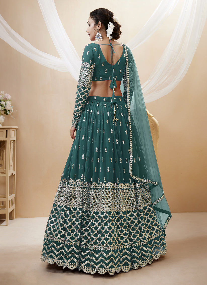 Peacock Green Georgette Embroidered Lehenga Choli