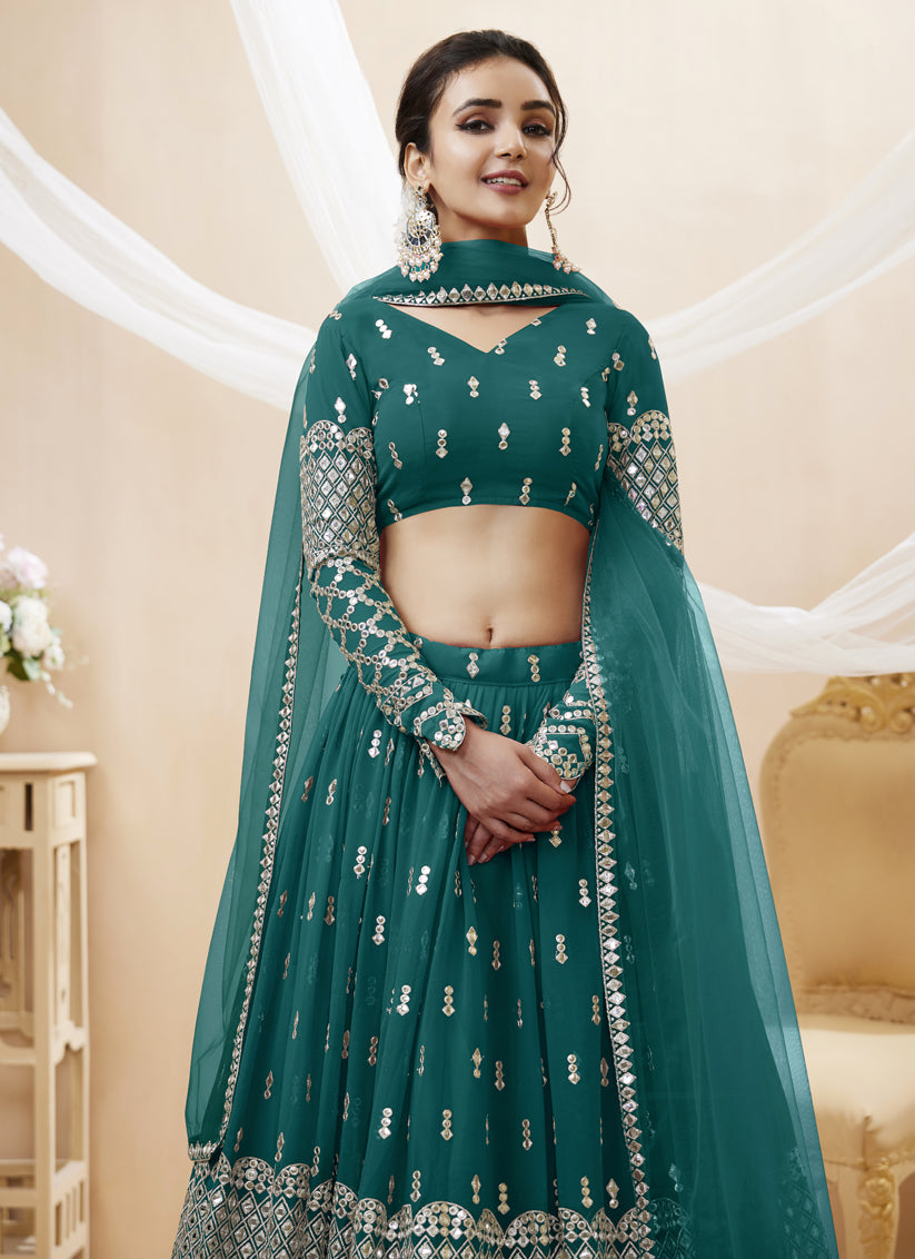 Peacock Green Georgette Embroidered Lehenga Choli