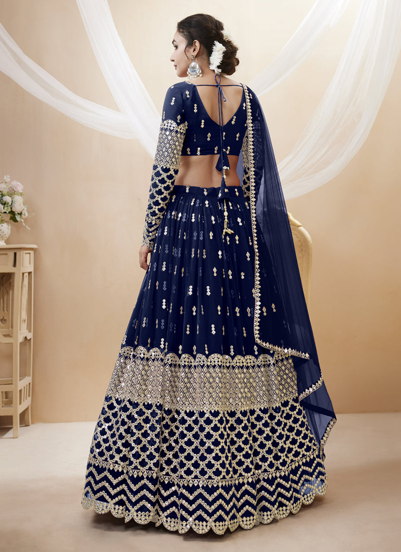 Navy Blue Georgette Embroidered Lehenga Choli