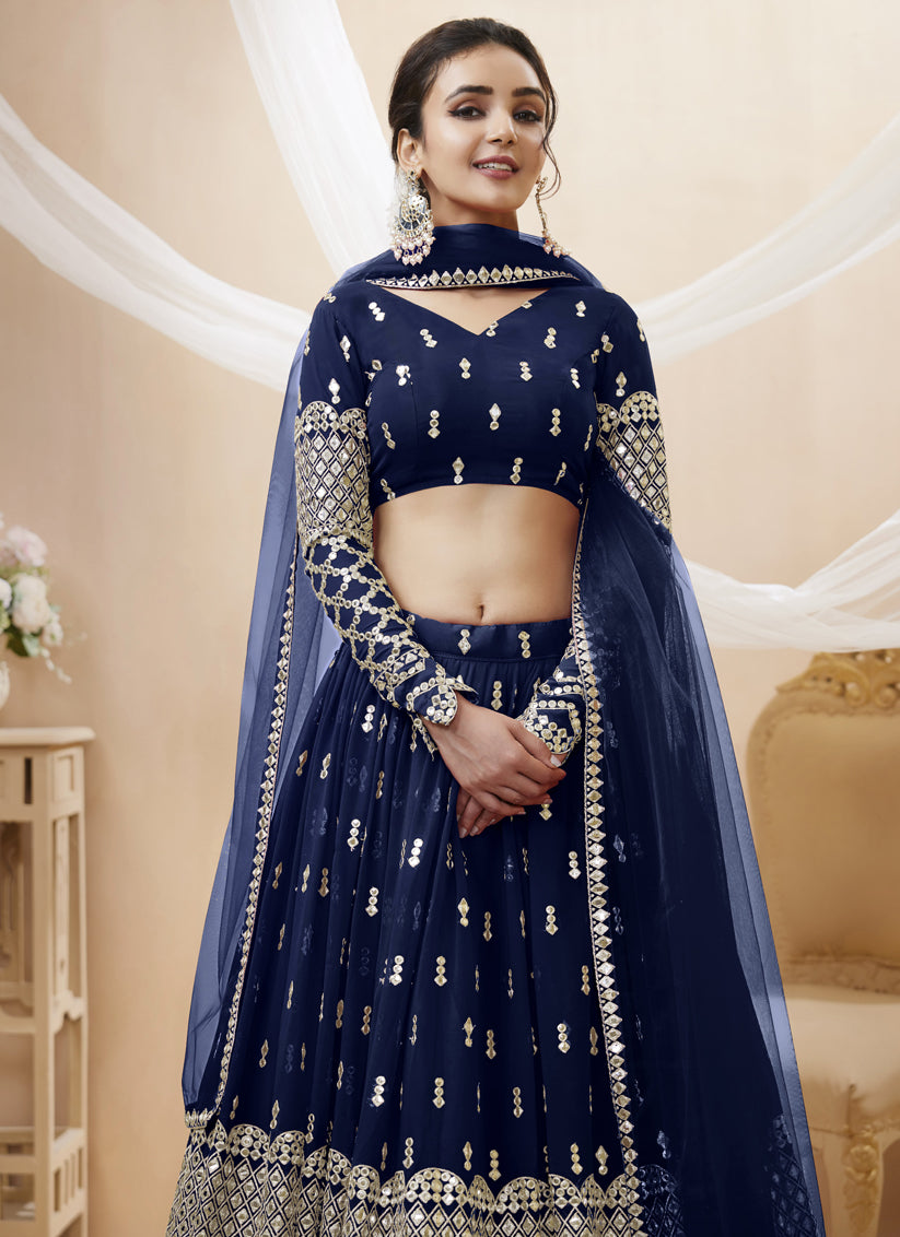 Navy Blue Georgette Embroidered Lehenga Choli