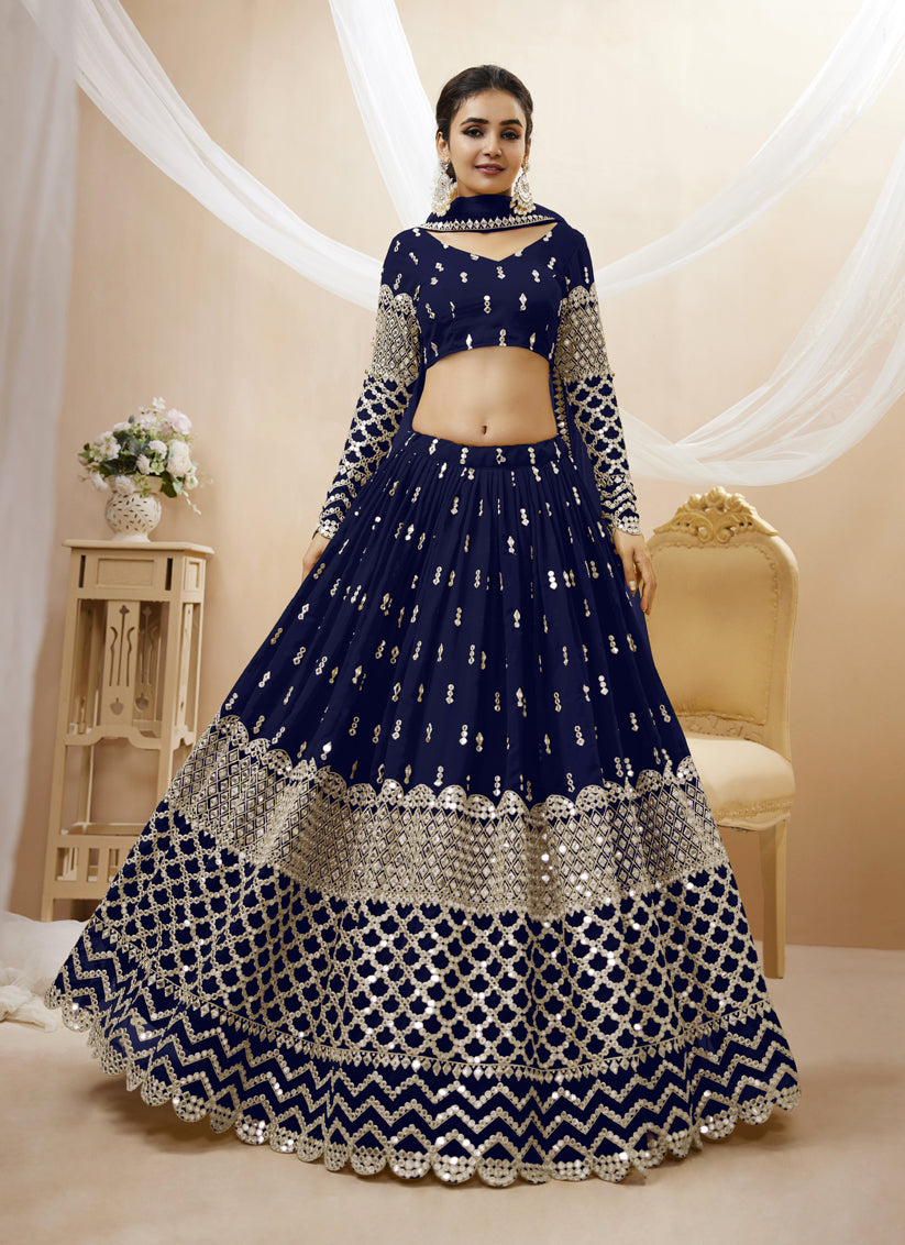 Navy Blue Georgette Embroidered Lehenga Choli