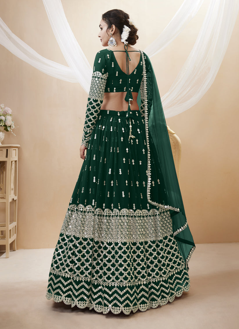 Bottle Green Georgette Embroidered Lehenga Choli