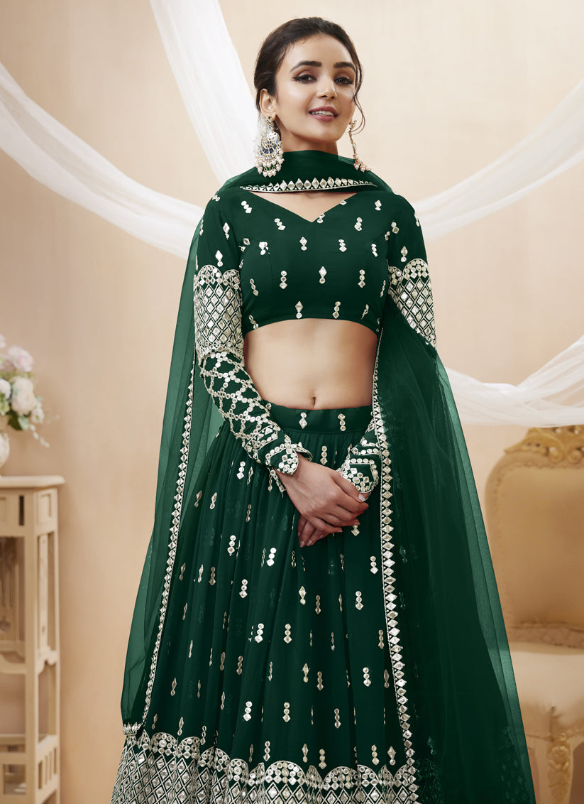 Bottle Green Georgette Embroidered Lehenga Choli