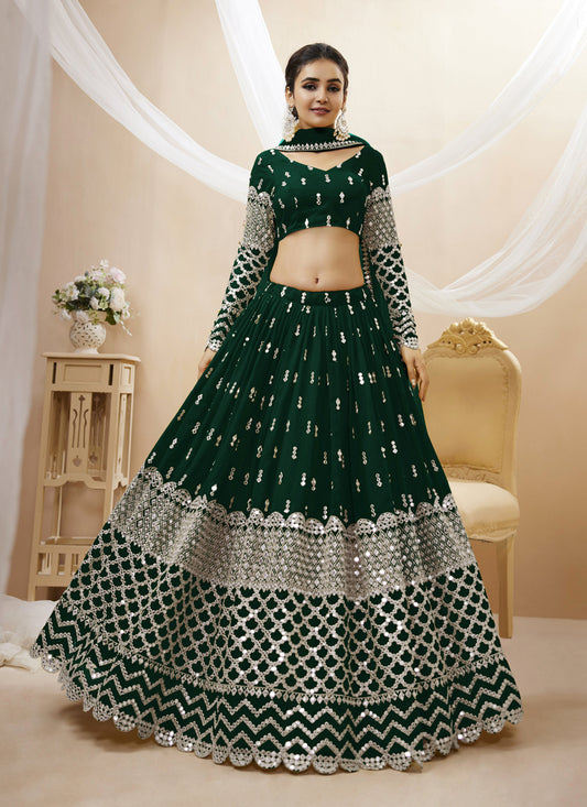 Bottle Green Georgette Embroidered Lehenga Choli