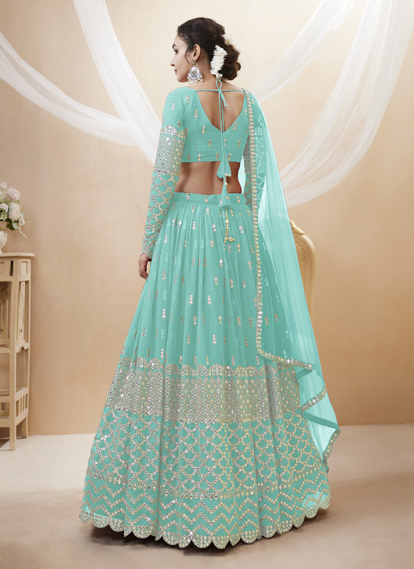 Aqua Blue Georgette Embroidered Lehenga Choli