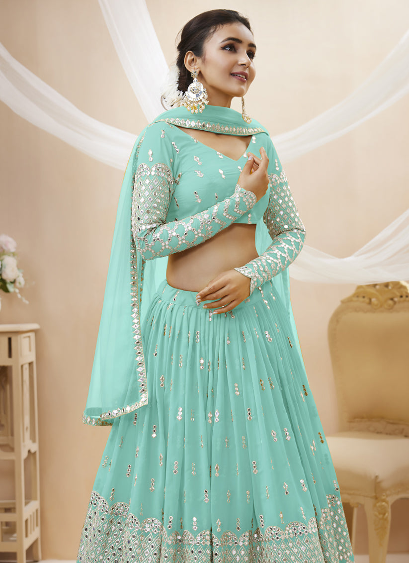 Aqua Blue Georgette Embroidered Lehenga Choli