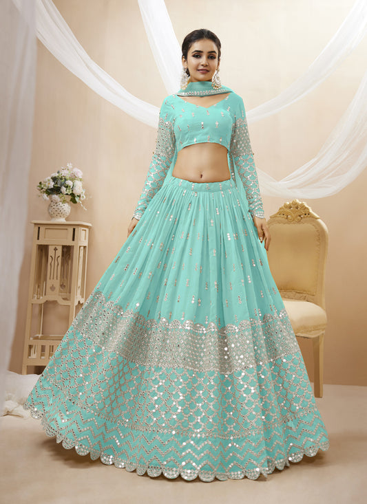 Aqua Blue Georgette Embroidered Lehenga Choli