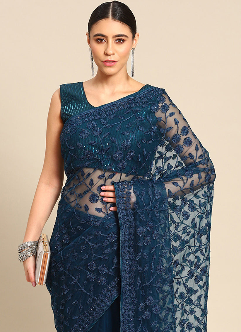 Peacock Blue Net Embroidered Saree