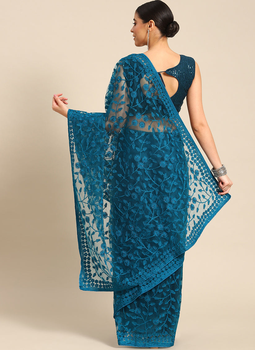Peacock Blue Net Embroidered Saree