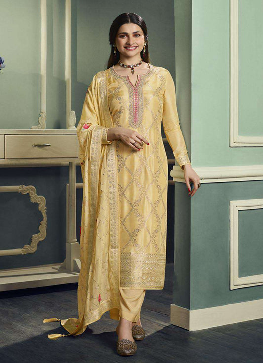 Prachi Desai Yellow Viscose Jacquard Pant Kameez Suit